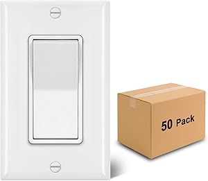 [50 Pack] BESTTEN Single Pole Decorator Wall Light Switch with Wall Plate, 15A 120/277V, On/Off Rocker Paddle Interrupter, UL Listed, White