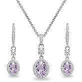 B. BRILLIANT Sterling Silver Genuine or Synthetic Gemstone Oval Halo Pendant Necklace & Dangle Earrings Jewelry Set for Women with Box