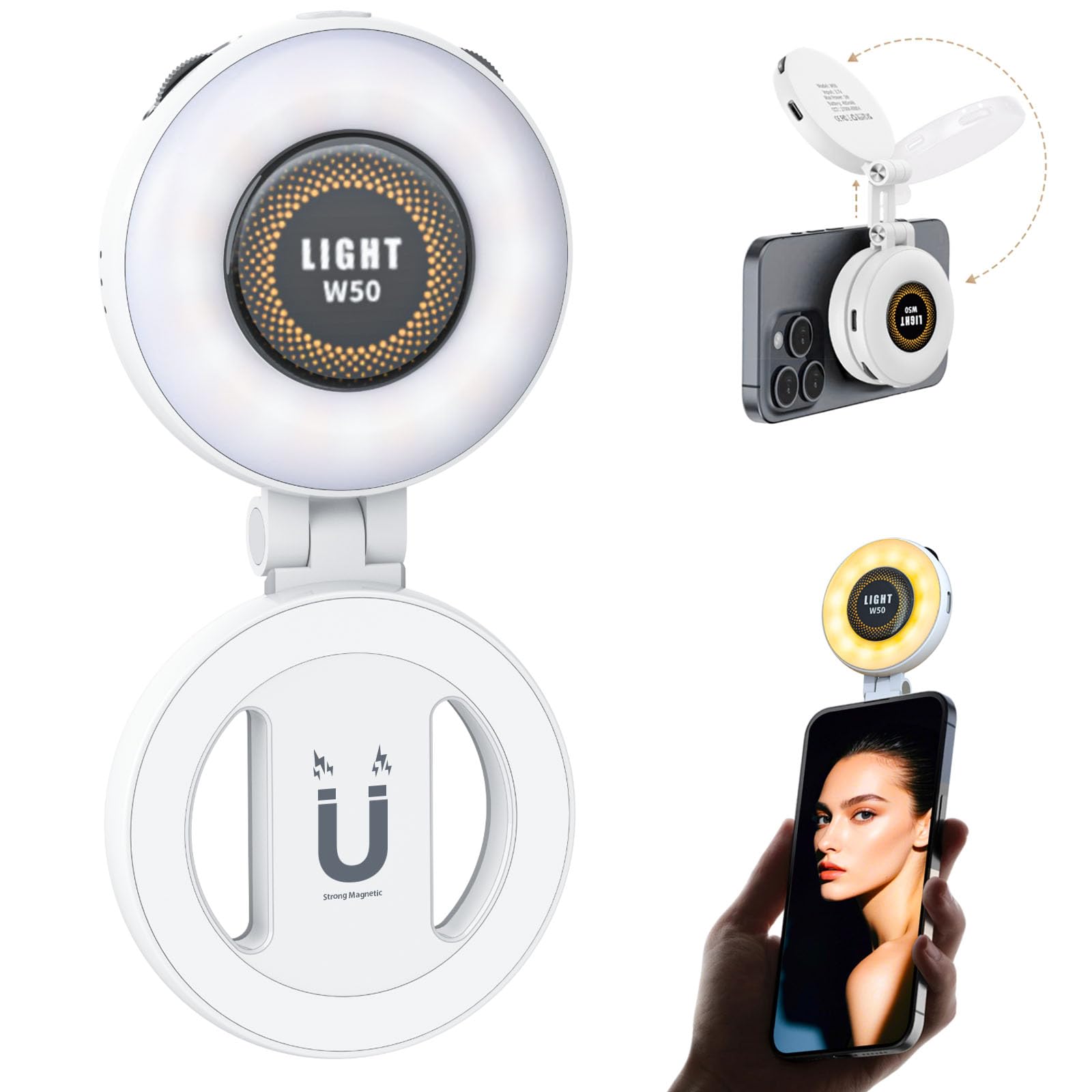 Magnetic Portable Selfie Light for iPhone - Phone Ring Light Rechargeable for Camera Picture Make up Photos Video Conferences LED Selfie Ring Fill Light TikTok/Zoom Calls/Video Conference