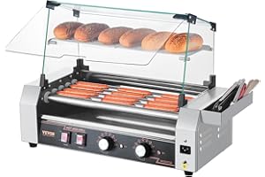 VEVOR Hot Dog Roller, 12 Hot Dog 5 Rollers, Stainless Steel Sausage Grill Cooker, 750W Commercial Hot Dog Machine with Dual Temp Control, Cover, Side Storage Box, Removable Shelf & Oil Drip Tray
