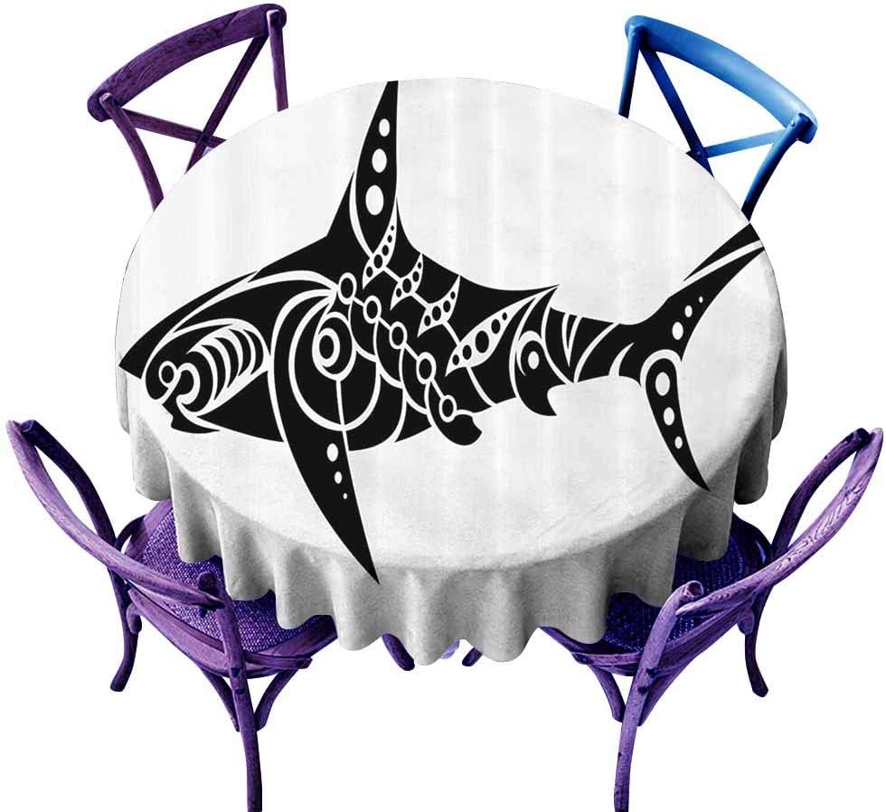 Wendell Joshua Tribal Round Tablecloth,Shark Tattoo Design in Black and White Under The Sea Wildlife Theme Fish Artwork Black White, Great for Bar & More D54 inch