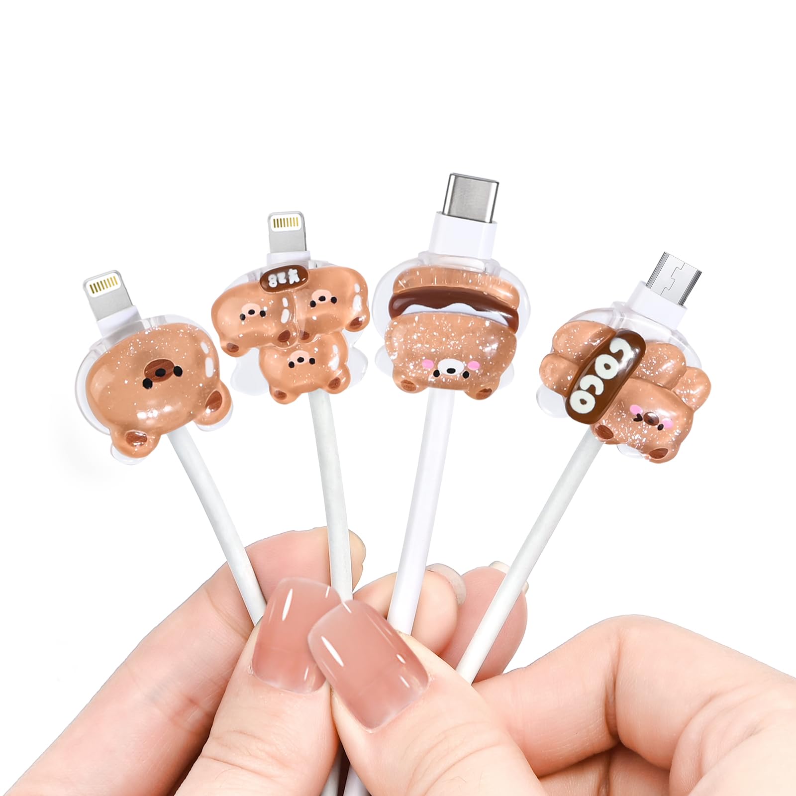 DiyGody Cute Cable Protector for iPhone/iPad/Type-C Cable, 4pcs Cartoon Charging Cord Protector Lovely 3D Brown Bear Design,Anti-Break Cord Cover, Cable Sleeve, Cable Chomper