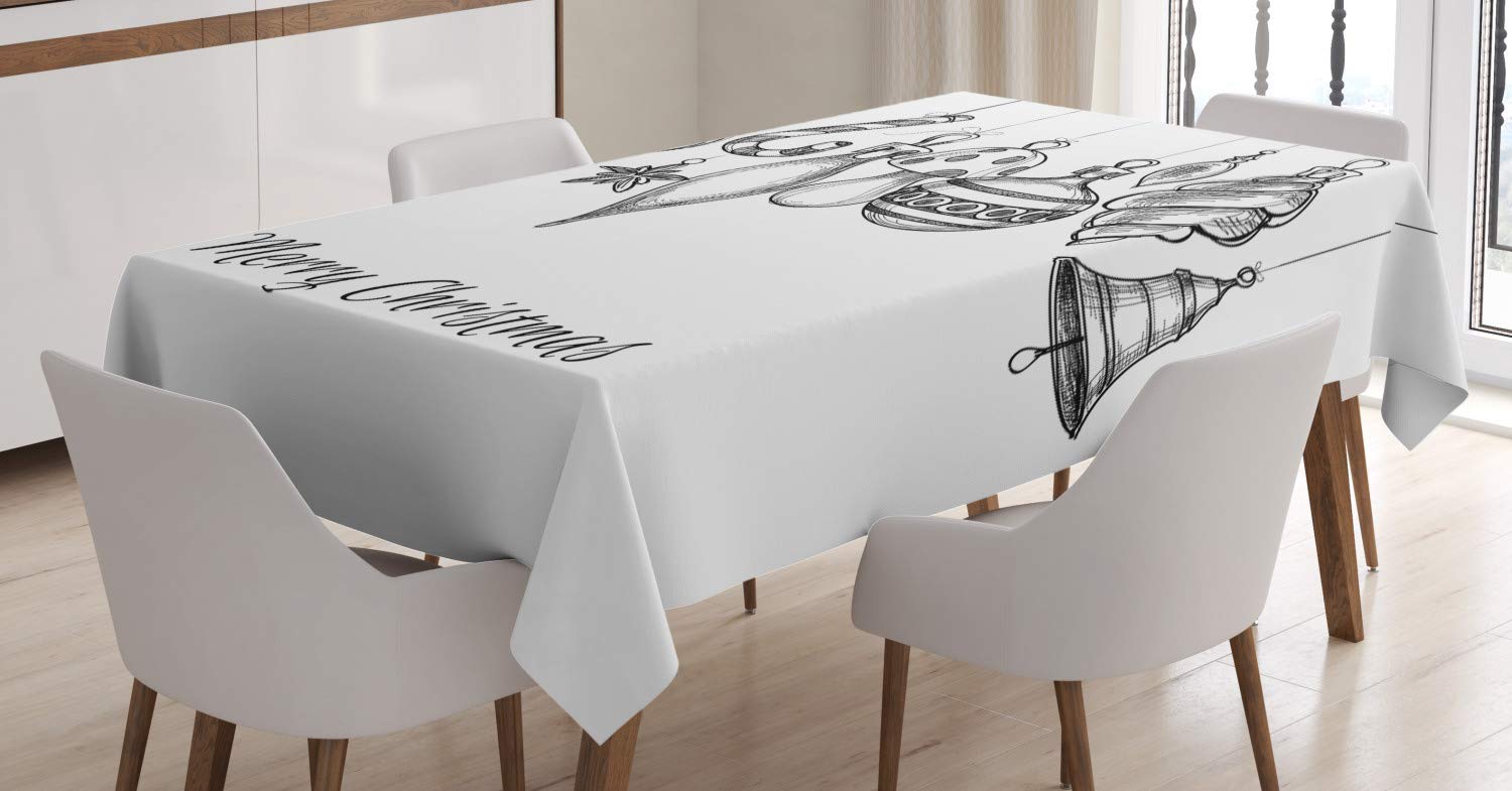 ABAKUHAUS Christmas Tablecloth, Sketchy Hand Drawn Classical Ornaments Hanging from Strings Celebration Text, Dining Room Kitchen Table Cover, 54" x 66", White Black — image 1
