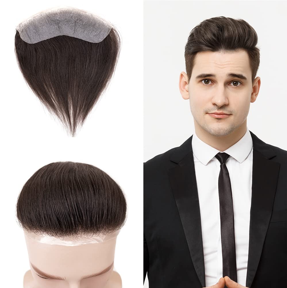 Lordhair V-Shape Frontal Hairpiece for Men, Natural Human Hair System with PU Thin Skin for Receding Hairline Coverage