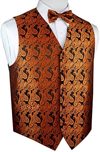 Brand Q Men's Formal Tuxedo Vest &amp; Bow-Tie Set-Burnt Orange Paisley-M