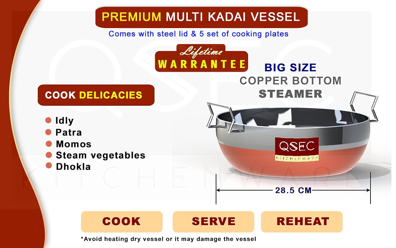QSEC Stainless Steel Idli Cooker with Lid and Steamer