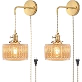 Shenmoyl Vintage Wall Sconce with Amber Striped Glass Shade Hanging Wall Sconce with 4.9FT Plug in Cord, Modern Wall Lamp Fix