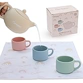 Ginbear Silicone Play Kitchen Tea Set with Washable Cloth Napkin for Toddlers & Kids 1-3, Non-Toxic Unbreakable Baby Bath Toy