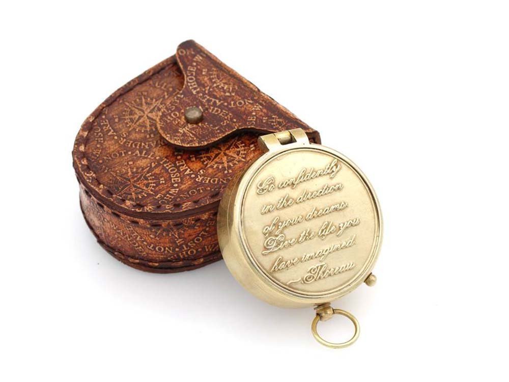 Thoreau's Go Confidently Quote Engraved Compass with Embossed Leather case