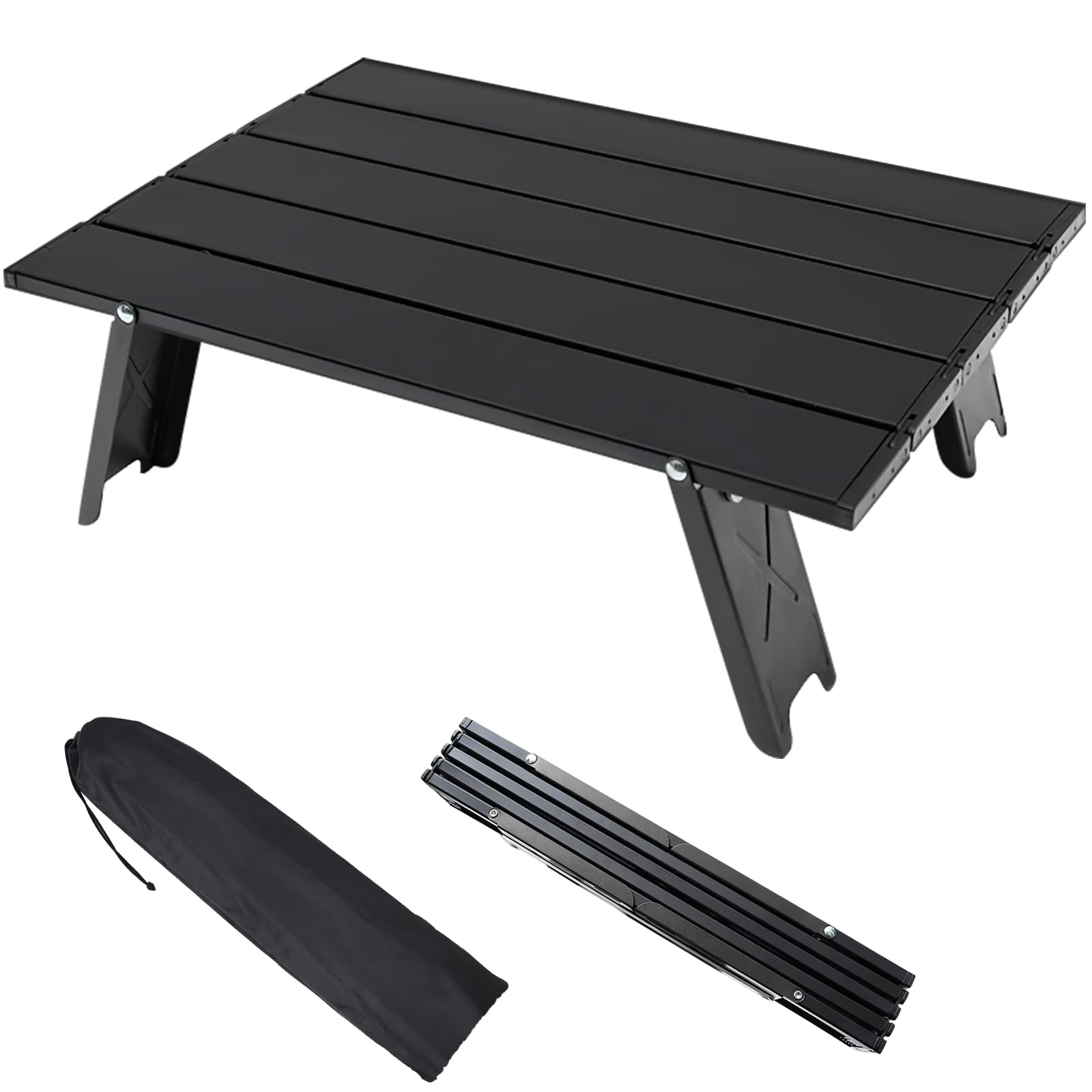 AKOFIC Small Folding Camping Table, Aluminum Portable Lightweight Camping Beach Table, Mini Foldable Micro Collapsible Compact Side Table for Picnic Outdoor Hiking Beach Travel BBQ Fishing (Black)