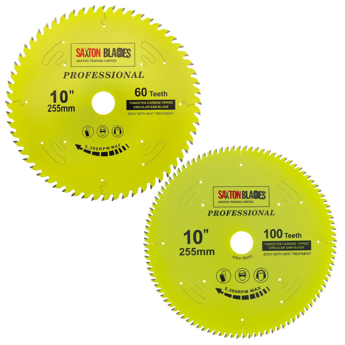 TCT255MXAPRO Saxton Professional Range TCT Circular Saw Blade 255mm 60 and 100T x 30mm Bore, 16, 20, 25, 25.4mm Reduction Rings Compatible with Evolution Bosch Makita Dewalt etc