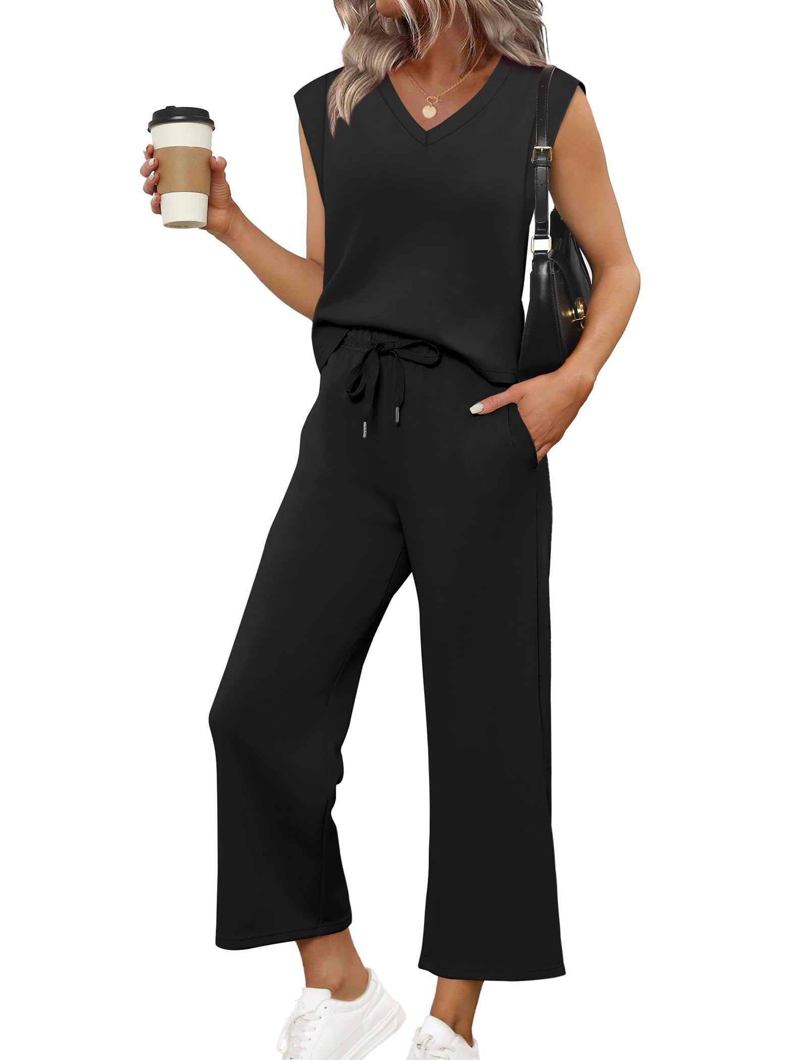 Photo 1 of Sampeel Two Piece Sets for Women 2026 Summer Comfiest Airport Outfits Lounge Set Soft Matching Sets Spring Fashion Clothing Trendy Beach Vacation Clothes Cruise Outfits Black M