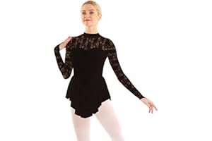 iiniim Women's Adult Floral Lace Ballet Dance Skirted Leotard Long Sleeve Figure Ice Skating Dresses