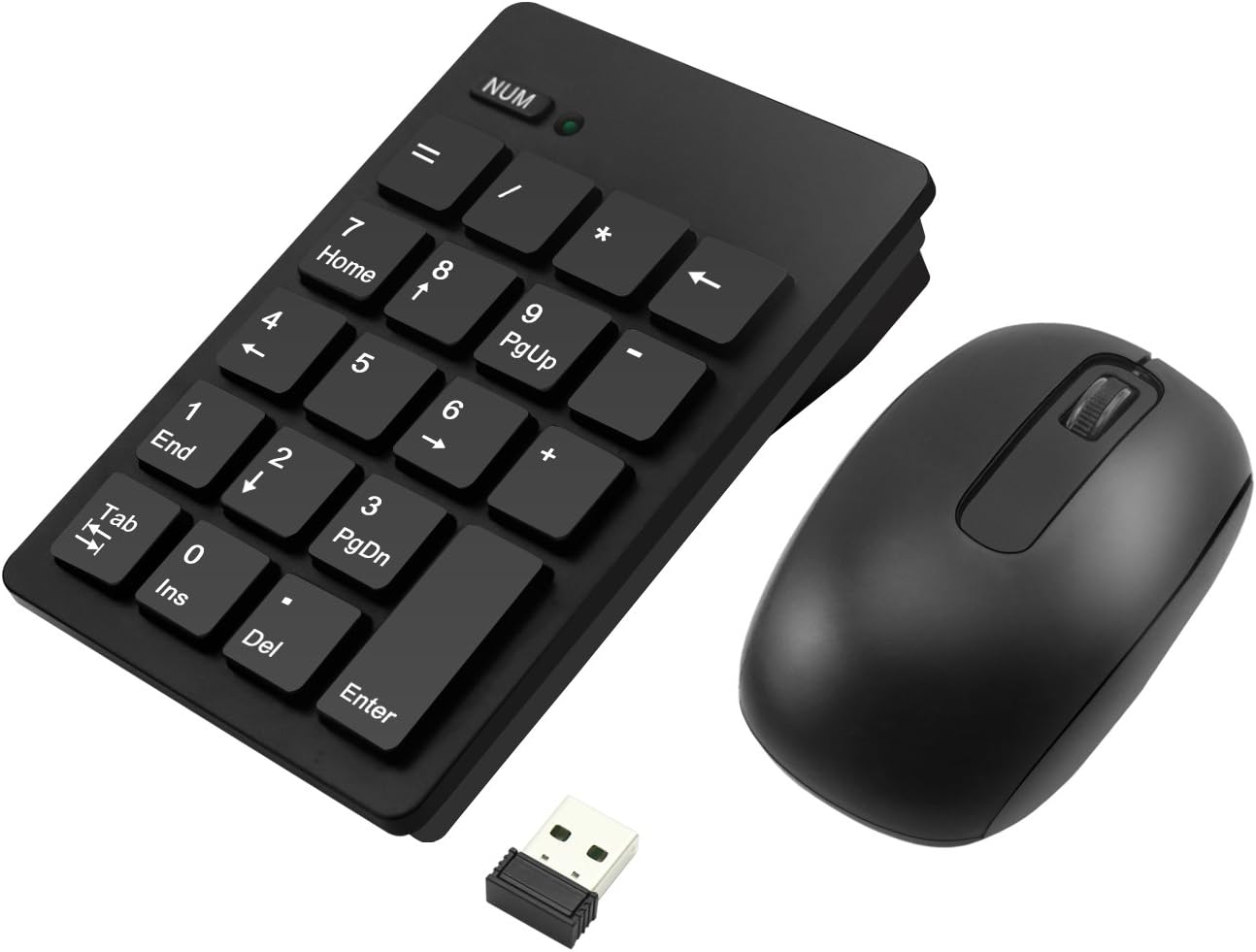 2.4G Numeric Keypad & Mouse Combo, Alcey Wireless 19 Keys Number Pad Keyboard and Mouse with 2.4G Mini USB Receiver for Laptop Desktop Notebook PCs, Black
