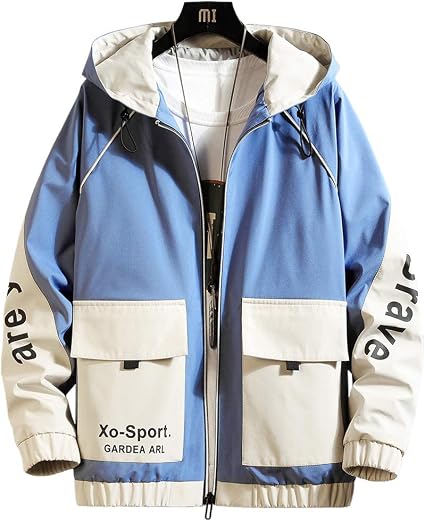 Amazon ジャケット メンズ 秋服 長袖 カラーブロック フード付き ジャケット おしゃれ ジッパー おおきいサイズ ブルゾン メンズ 薄手 防風 軽量 カジュアル アウトドア 冬 春blue 4xl コート ジャケット 通販