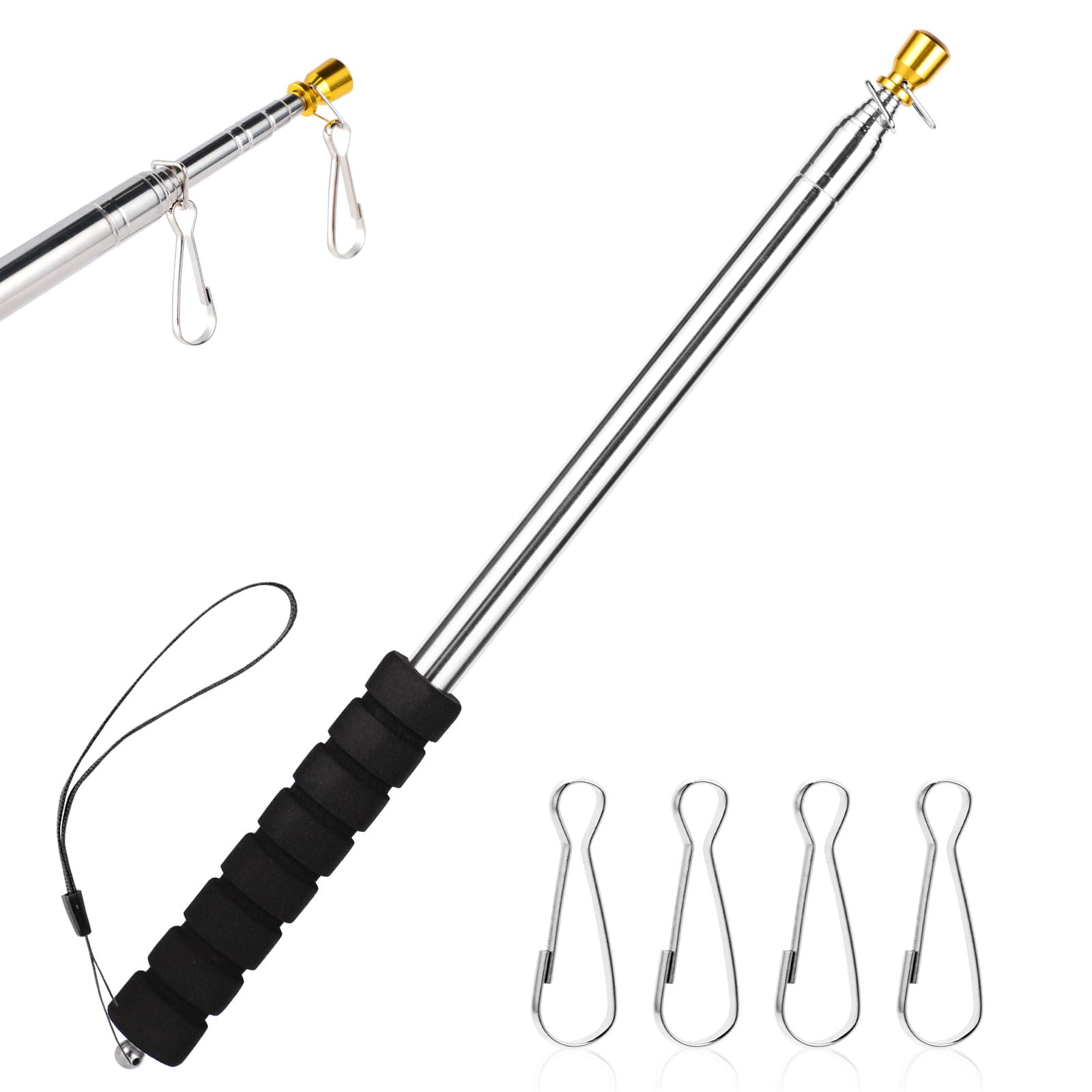 Risipu 8.2FT Telescopic Flag Pole,Stainless Steel Handheld Portable Extendable Retractable Flagpole with Anti-Slip Grip Clip for Tour Guide Festival Teaching Pointer (8.2ft - Black)