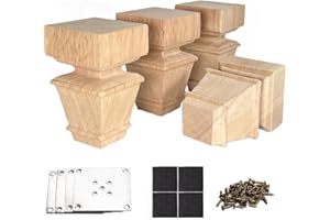 AIMINJEY 4 Inch Wooden Furniture Legs with Mounting Plates Screws Set of 4 Solid Wood Unfinished European Style Replacement Furniture Feet for Couch Cabinet Sofa Ottoman TV Stand Home DIY Projects (4 inch)