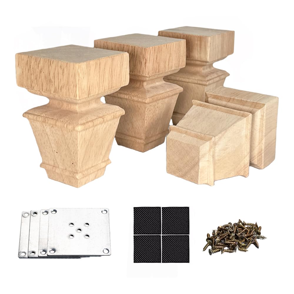 Photo 1 of 4 Inch Wooden Furniture Legs with Mounting Plates Screws Set of 4 Solid Wood Unfinished European Style Replacement Furniture Feet for Couch Cabinet Sofa Ottoman TV Stand Home DIY Projects (4 inch)