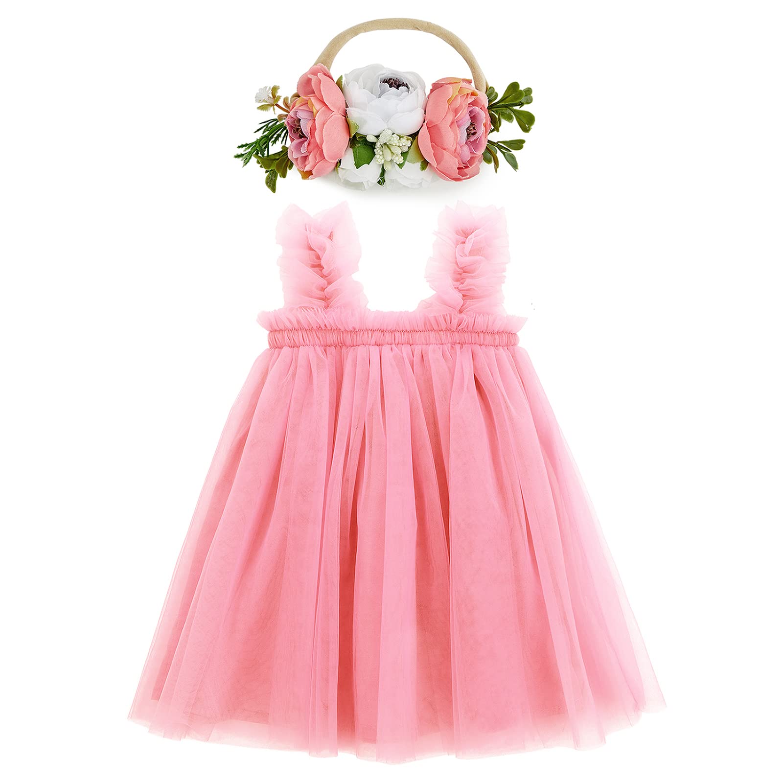 Photo 1 of Toddler Princess Tutu Dress Layered Tulle Dress First Birthday Outfit Girl with Flower Headband Hot Pink 0-6 Months