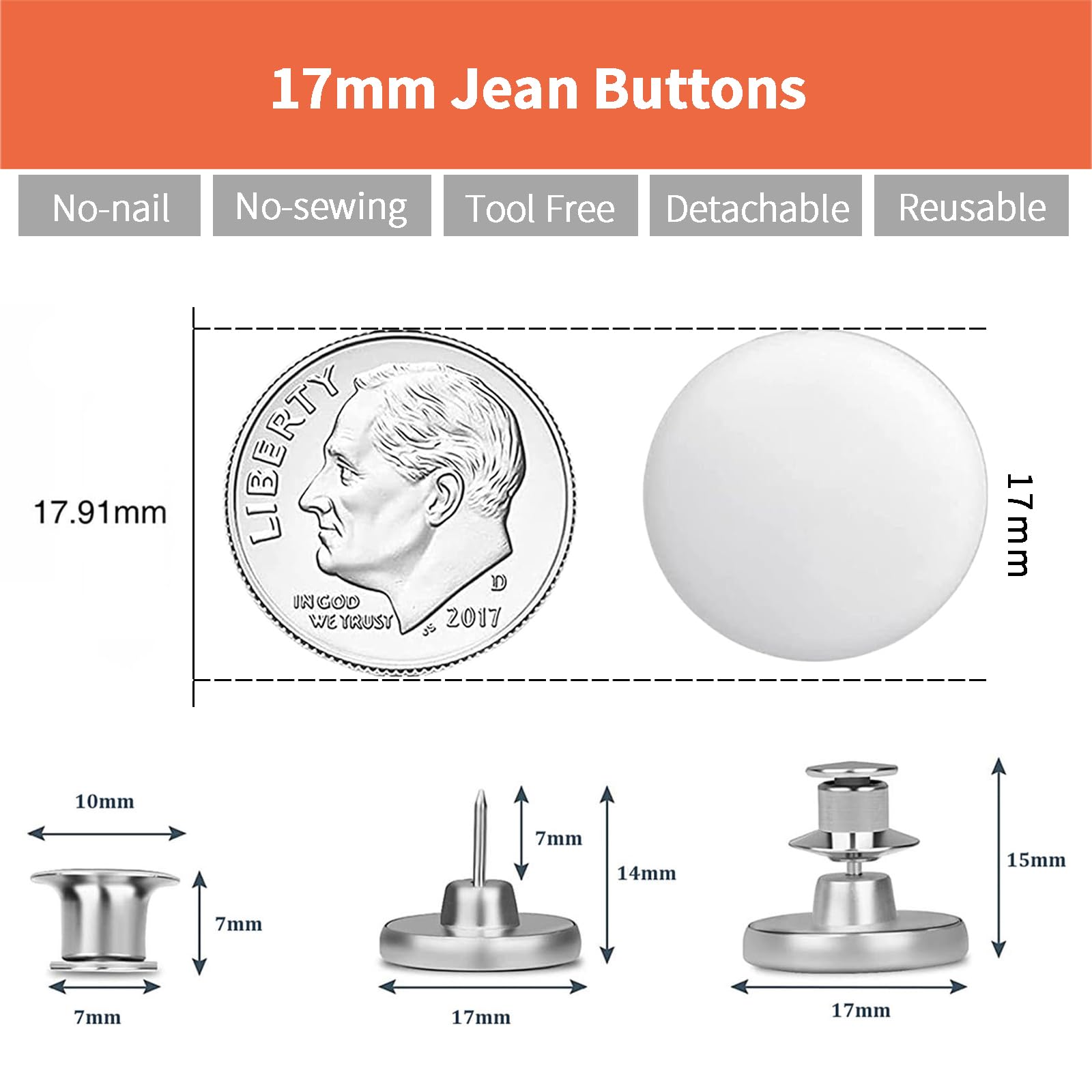 ZENGLU 8 Sets Jean Buttons pins No Sew Instant 17mm Replacement Button Adjustable Pants Buttons Kit