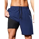 SILKWORLD Quick Dry Men's 2 in 1 Running Shorts with Zip Pocket 7" Workout Gym Athletic Shorts Lightweight Training Shorts