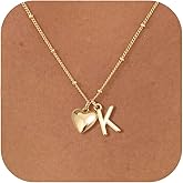 GUOKE Gold Heart Initial Necklace for Women - 14K Gold Plated Heart Letter Pendant Necklace Dainty Beaded Chain Personalized Jewelry Everyday Gift