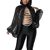 Ophestin Womens Print Sexy Open Back Sheer Chiffon Balloon Sleeve Shirt Blouse Tops Coverup