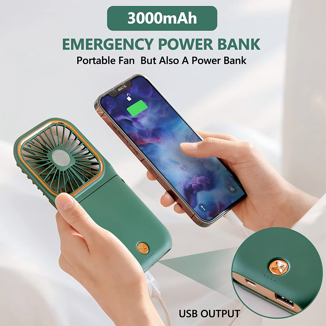 Portable Handheld Personal Necklace Fan Foldable Mini Quiet USB Rechargeable Fan With Mobile phone bracket function, 3000mAh Power Bank Hands Free Necklace Fans (Upgrade Green)