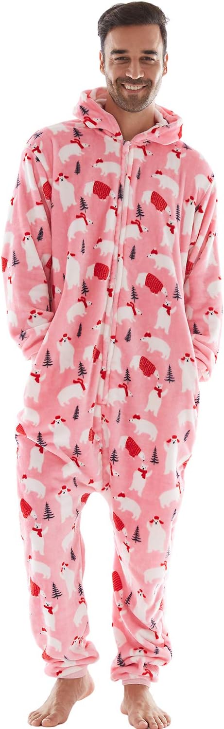 Family Christmas Pajamas Matching Set, Drop Seat Onesie Hooded Zip Up One Piece PJs for Couples, Kids, Baby, Pets