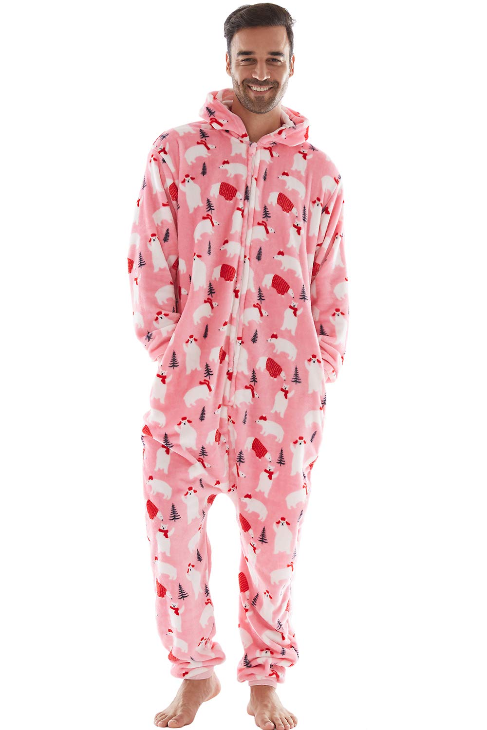 Family Christmas Pajamas Matching Set, Drop Seat Onesie Hooded Zip Up One Piece PJs for Couples, Kids, Baby, Pets