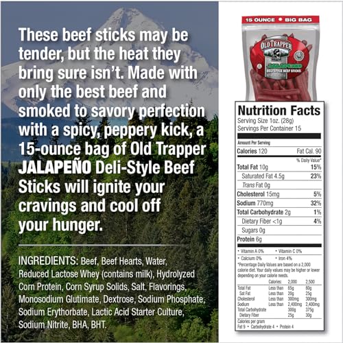 OLD TRAPPER DELI-STYLE BEEF STICKS, JALAPEÑO FLAVOR, 15-OUNCE PACKAGE, SPICY BEEF STICKS, SIX GRAMS OF PROTEIN AND ZERO GRAMS OF SUGAR PER SERVING (PACK OF ONE)