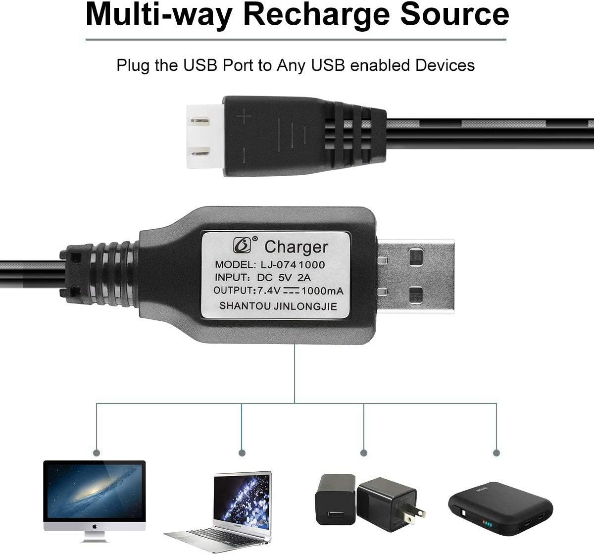 Crazepony 2pcs USB Charger Cable 1A for 2S 7.4V LiPo Battery RC Quadcopter FPV Drone: Toys & Games