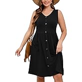 AusLook Plus Size Women Summer Dresses Sleeveless Casual Loose Swing Button Down Midi Dress with Pockets 1X-5X