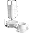 Sweese 4 Ounce Porcelain Stackable Espresso Cups with Saucers and Metal Stand Set of 4, White