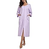 ANLIQI Women's 100% Cotton Robes Long Zipper Front House coats 3/4 Sleeve Bathrobes Lightweight Full Length Robe with Pockets