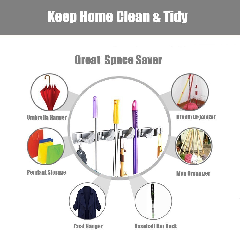 Multi-functional Mop Rack Senior Aluminum Clip On Broom Holder and Garden Tool Organizer for Rake or Mop Handles and Many Handy Tools 9 in 1 (Silver and Gray)