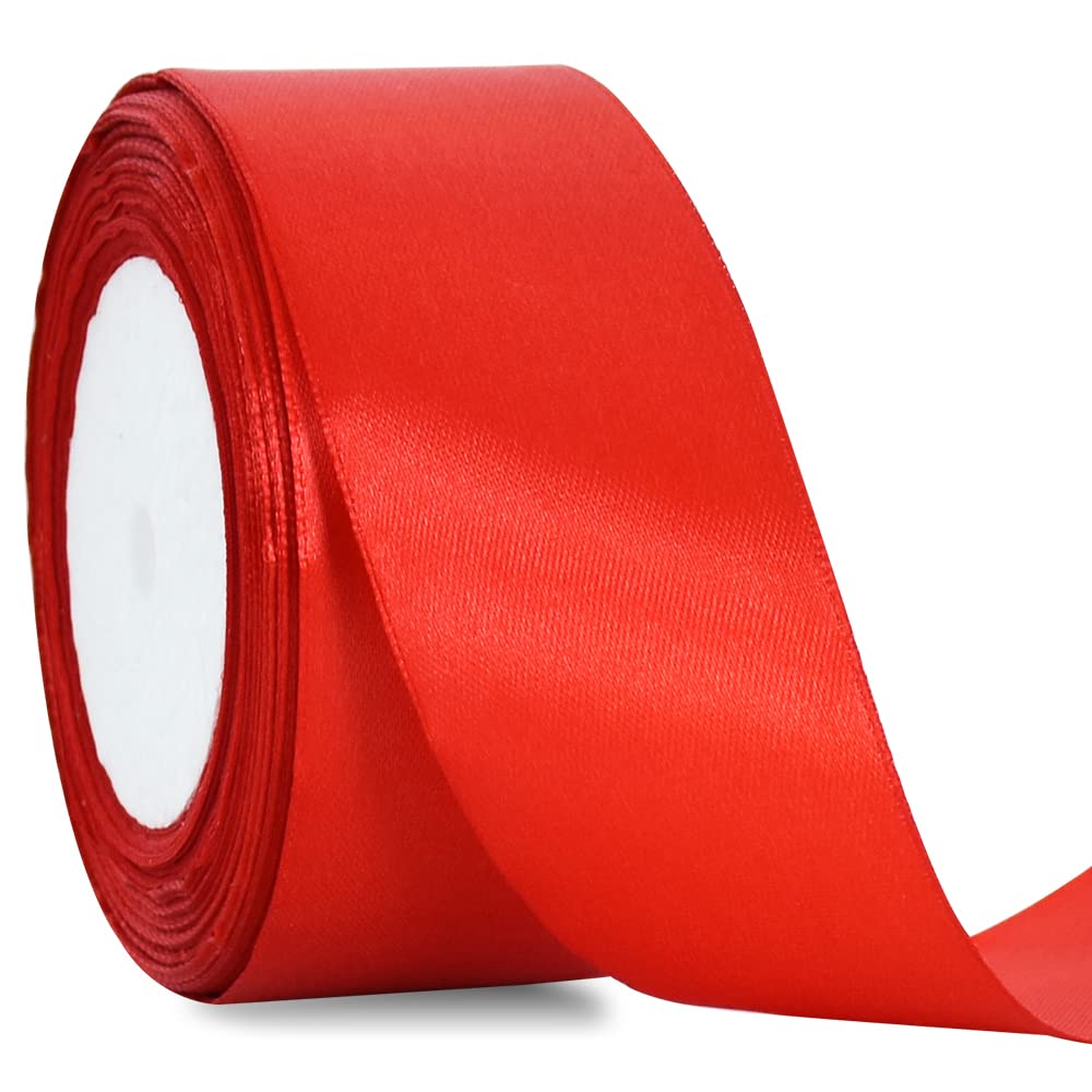 TONIFUL 4cm X 22M Wide Red Satin Ribbon Solid Fabric Ribbons for Valentine's Day Wedding Car Decoration Chair Sash Crafts Gift Wrapping Cutting Ceremony Table Bows Floral Sewing Party Decoration