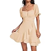LYANER Women's Square Neck Ruffle Mini Dress Off The Shoulder Short Sleeve A Line Flowy Graduation Dresses