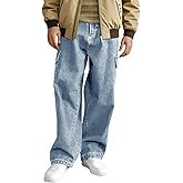 Haloumoning Boys Cargo Baggy Pants Elastic Waist Wide Leg Jeans Casual Demin Pants with Pockets 5-14 Years