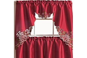 GOHD GOLDEN OCEAN HOME DECOR GOHD Passionate Bloom Kitchen Curtain Swag Valance and Tier Set Nice Embroidery on Faux Silk Fabric with cutworks (Burgundy)