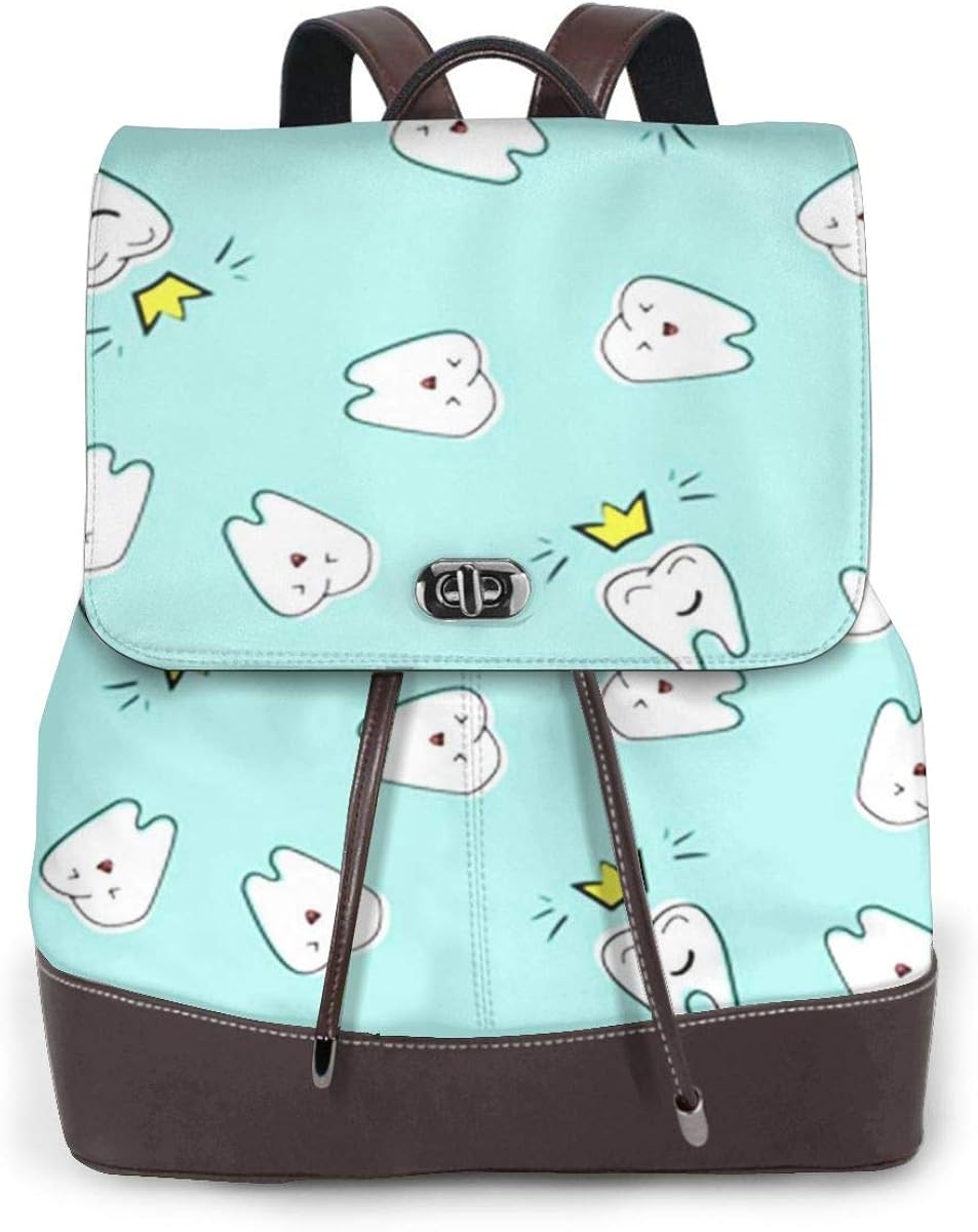 Women Leather Backpack Seamless Dental Teeth, Schoolbag Casual Daypack