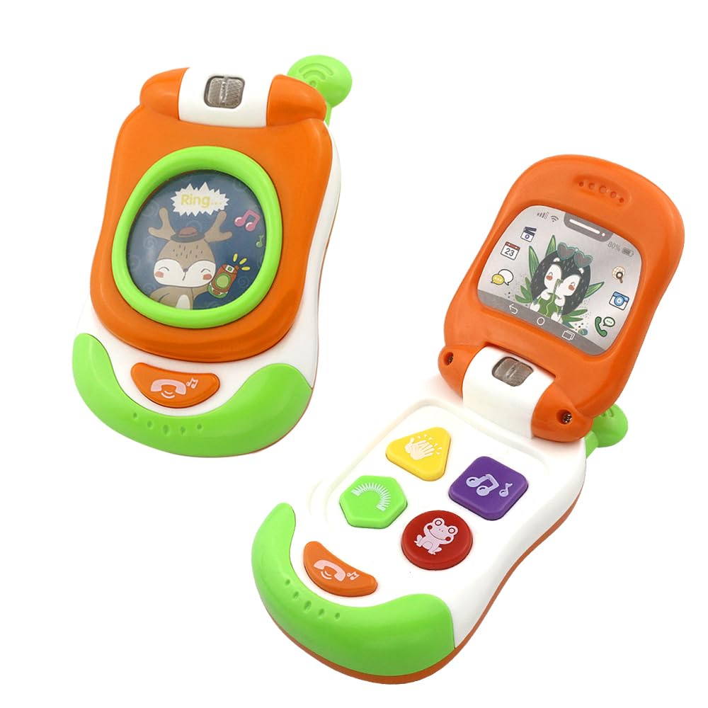caterbee Baby Cell Phone Toy with Musicial and Light, Flip Phone Educational Toddler Toys for Toddlers (Orange)