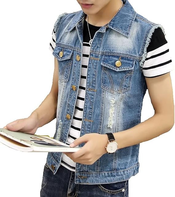 Amazon Ksila デニムベスト メンズ ノースリーブ ジャケット ジージャン スリム ベスト デニム ヴィンテージ Gジャン チョッキ カジュアル 袖なし アウター 大きいサイズ 春 夏 秋 ベスト 通販