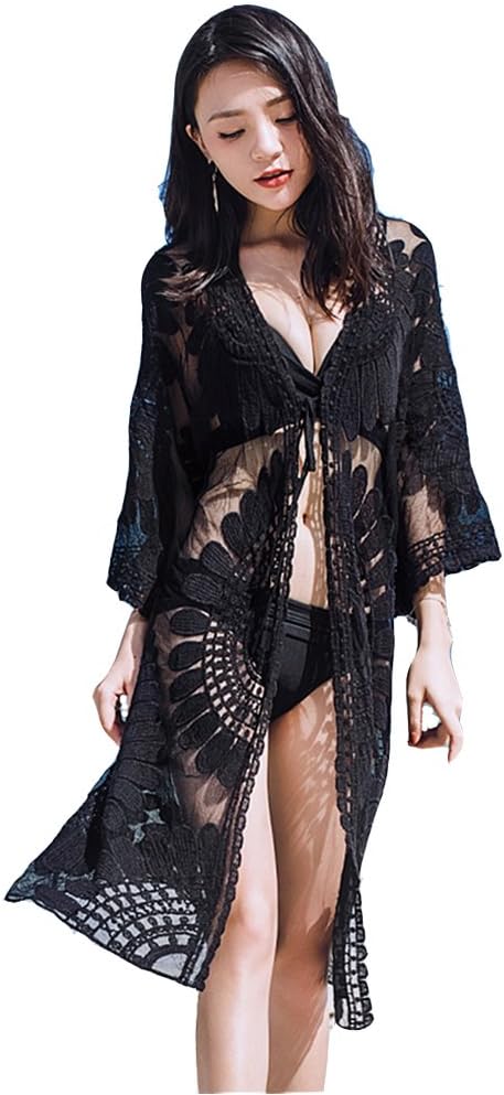 Free Rose Women Crochet Dress Swimsuit Cover Up Beach Cardigan Long Lace Kimono