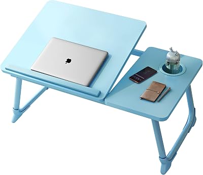 HOFLERA Laptop Desk Bed Table with Foldable Legs Blue, Cup Slot & Reading Holder