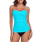 RELLECIGA Women’s Ruched Tankini Sets Tummy Control Two Pieces Bathing Suit Bandeau Tankini with Cheeky Swimsuit Bottom