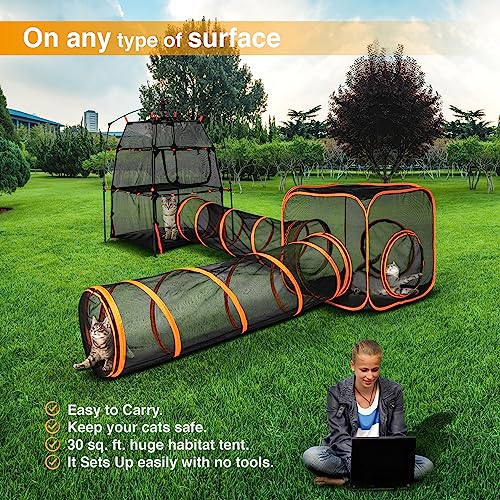 6in1 Cat Tent with Tunnel for Outdoor Cat Enclosures, Portable