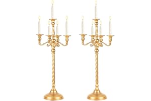 LANLONG Tall 5 Arm Gold Candelabra Centerpiece for Table, 24.8'' Metal Candelabra Candle Holder, 2 Pcs Retro Candelabra Table Centerpieces for Party, Events, Home, Wedding Decor