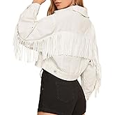 CHARTOU Women's Chic Button Down Tassel Fringe Denim Jean Cropped Jacket