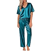 Ekouaer Satin Pajama Set for Women Short Sleeve Silky Pjs 2 Piece Lounge Sets Soft Comfy Sleepwear Loungewear S-XXL